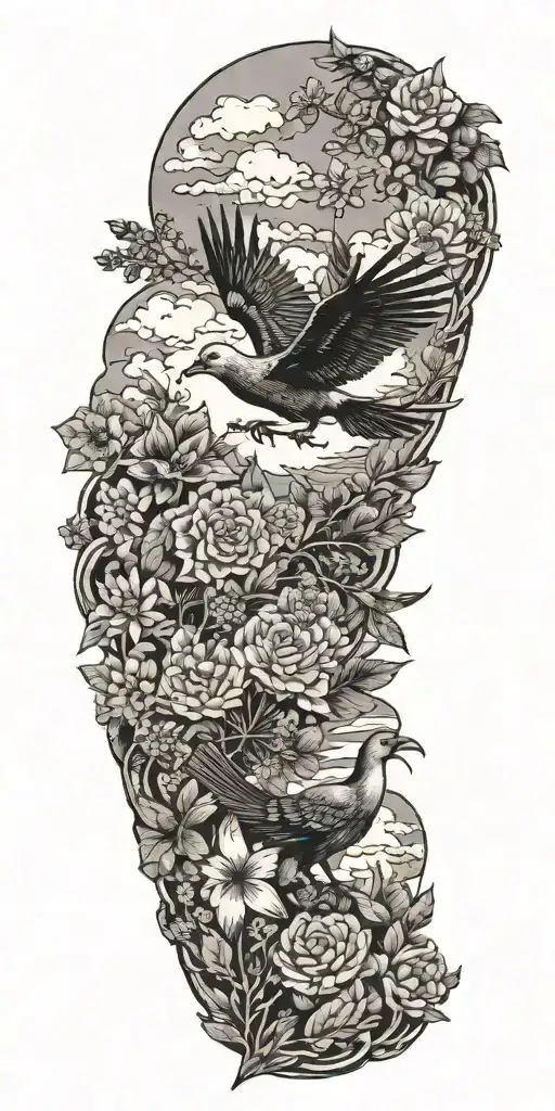  Wildflowers  ,Clouds ,Pine trees ,Doves ,Crows , Aztec snake tattoo design idea