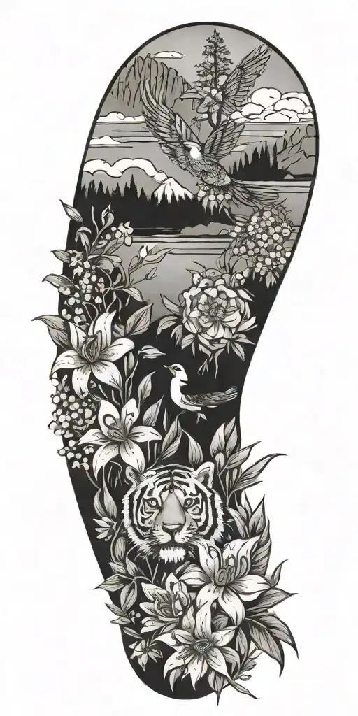 Tiger lily flowers  ,Wildflowers  ,Clouds ,Pine trees ,Doves ,Crows , Quetzalcoatl, snake , eagle, mountains tattoo design idea