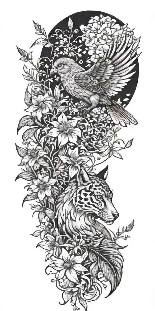 Rampion bellflower ,Tiger lily ,Wildflowers  ,Clouds ,Pine trees ,Doves ,Crows , Quetzalcoatl, eagle, mountains tattoo design idea