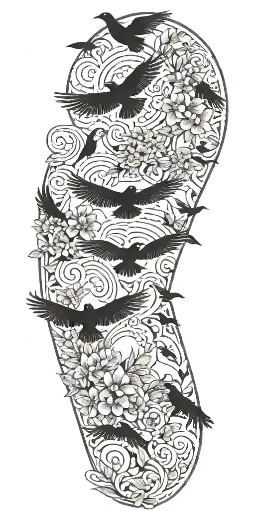Aztec snake wrapped, doves flying, crows flying, wildflowers , pine trees tattoo design idea