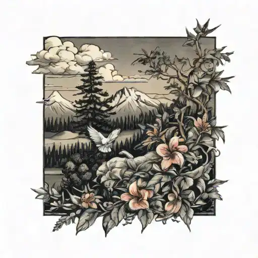 pine trees, hibiscus flowers,central  oregon wildflowers, clouds, doves, crows, mountains tattoo design idea