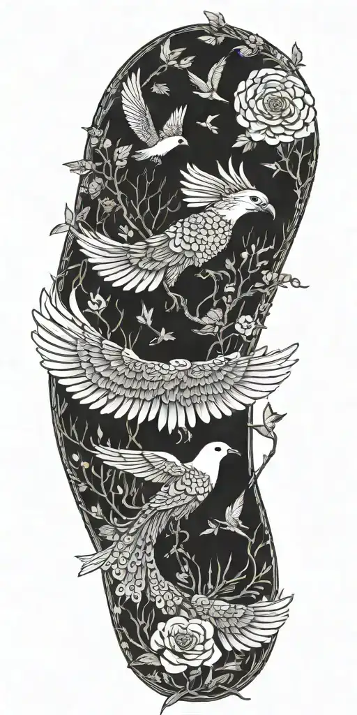 Aztec snake wrapped, doves flying, crows flying, wildflowers , pine trees tattoo design idea