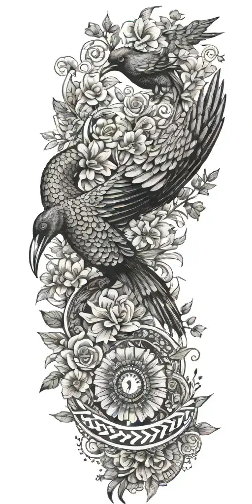 Aztec snake wrapped, doves flying, crows flying, wildflowers , pine trees tattoo design idea