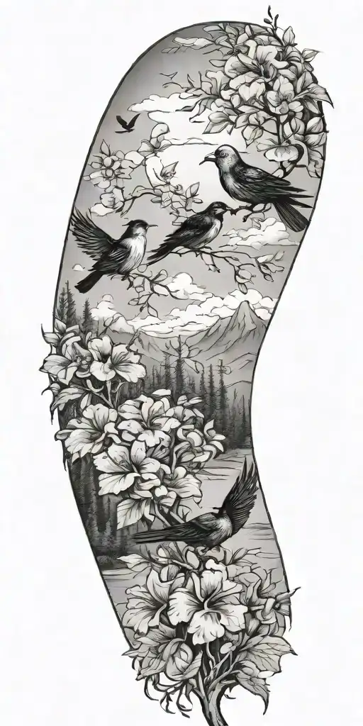 pine trees, hibiscus flowers,clouds, doves, crows, mountains, wildflowers  tattoo design idea
