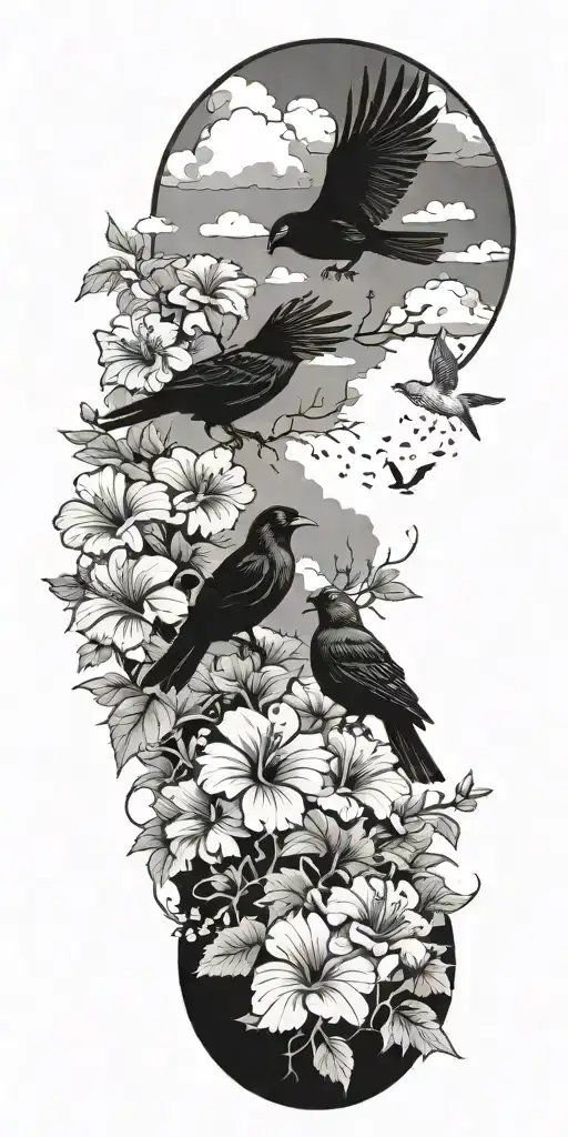 nature, plants, hibiscus flowers, pine trees, clouds, berries, doves, crows,  tattoo design idea