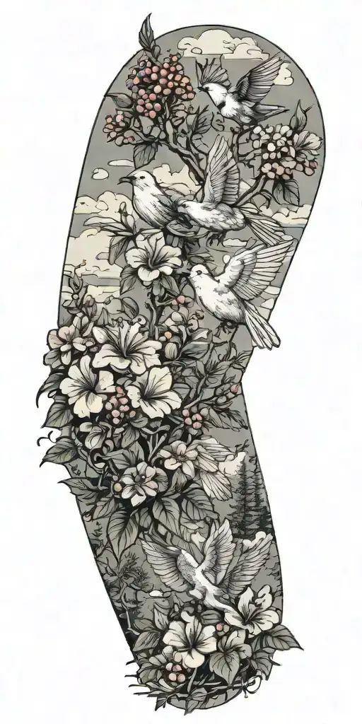 nature, plants, hibiscus flowers, pine trees, clouds, berries, doves, crows,  tattoo design idea