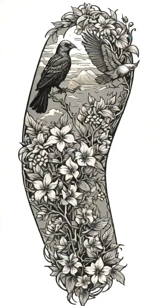 pine trees, hibiscus flowers,clouds, doves, crows, mountains,native lupine flowers tattoo design idea