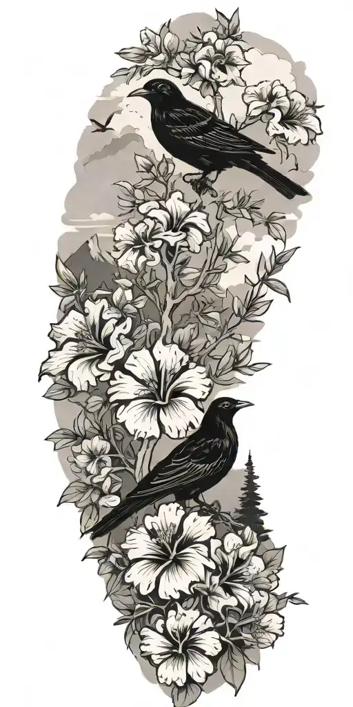 pine trees, hibiscus flowers,clouds, doves, crows, mountains, wildflowers  tattoo design idea