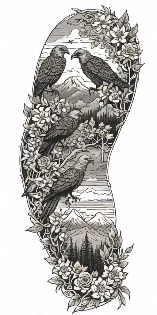  Wildflowers  ,Clouds ,Pine trees ,Doves ,Crows , Quetzalcoatl snake , eagle, mountains tattoo design idea
