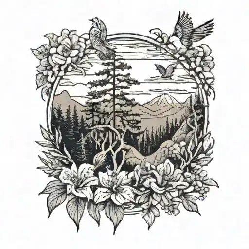 pine trees, hibiscus flowers,central  oregon wildflowers, clouds, doves, crows, mountains tattoo design idea