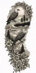  Wildflowers  ,Clouds ,Pine trees ,Doves ,Crows , Aztec snake , eagle, mountains tattoo design idea