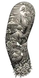  Wildflowers  ,Clouds ,Pine trees ,Doves ,Crows , Aztec snake , eagle, mountains tattoo design idea