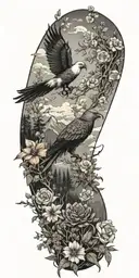  ,Wildflowers  ,Clouds ,Pine trees ,Doves ,Crows , Quetzalcoatl, snake , eagle, mountains tattoo design idea