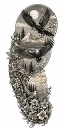  ,Wildflowers  ,Clouds ,Pine trees ,Doves ,Crows , Quetzalcoatl, snake , eagle, mountains tattoo design idea