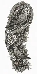 Aztec snake wrapped, doves flying, crows flying, wildflowers , pine trees tattoo design idea