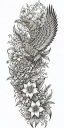 Rampion bellflower ,Tiger lily ,Wildflowers  ,Clouds ,Pine trees ,Doves ,Crows , Quetzalcoatl, eagle tattoo design idea