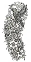 Rampion bellflower ,Tiger lily ,Wildflowers  ,Clouds ,Pine trees ,Doves ,Crows , Quetzalcoatl, eagle tattoo design idea