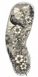 pine trees, hibiscus flowers,central  oregon wildflowers, clouds, doves, crows, mountains tattoo design idea