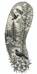 pine trees, hibiscus flowers,central  oregon wildflowers, clouds, doves, crows, mountains tattoo design idea