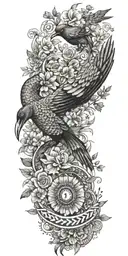 Aztec snake wrapped, doves flying, crows flying, wildflowers , pine trees tattoo design idea