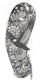 Aztec snake wrapped, doves flying, crows flying, wildflowers , pine trees tattoo design idea