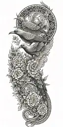 Aztec snake wrapped, doves flying, crows flying, wildflowers , pine trees tattoo design idea
