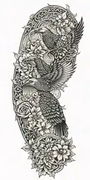 Aztec snake wrapped, doves flying, crows flying, wildflowers , pine trees tattoo design idea