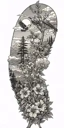 pine trees, hibiscus flowers,clouds, doves, crows, mountains, wildflowers  tattoo design idea
