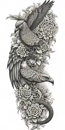 Aztec snake wrapped, doves flying, crows flying, wildflowers , pine trees tattoo design idea