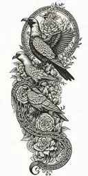 Aztec snake wrapped, doves flying, crows flying, wildflowers , pine trees tattoo design idea