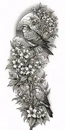 pine trees, hibiscus flowers,clouds, doves, crows, mountains,native lupine flowers tattoo design idea