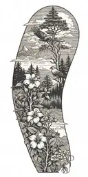 pine trees, hibiscus flowers,central  oregon wildflowers, clouds, doves, crows, mountains tattoo design idea