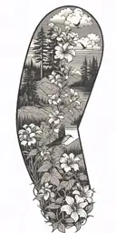 pine trees, hibiscus flowers,central  oregon wildflowers, clouds, doves, crows, mountains tattoo design idea