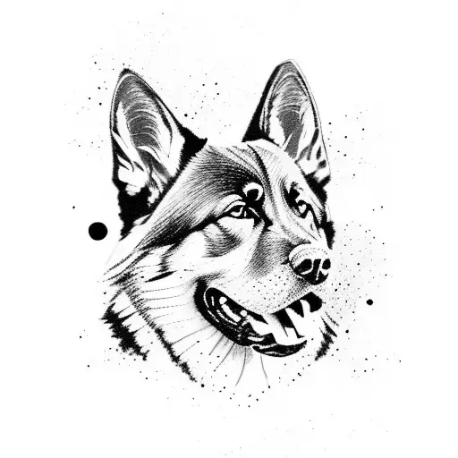 John Muir Trail landscape with a silhouette of a German Shepherd tattoo design idea