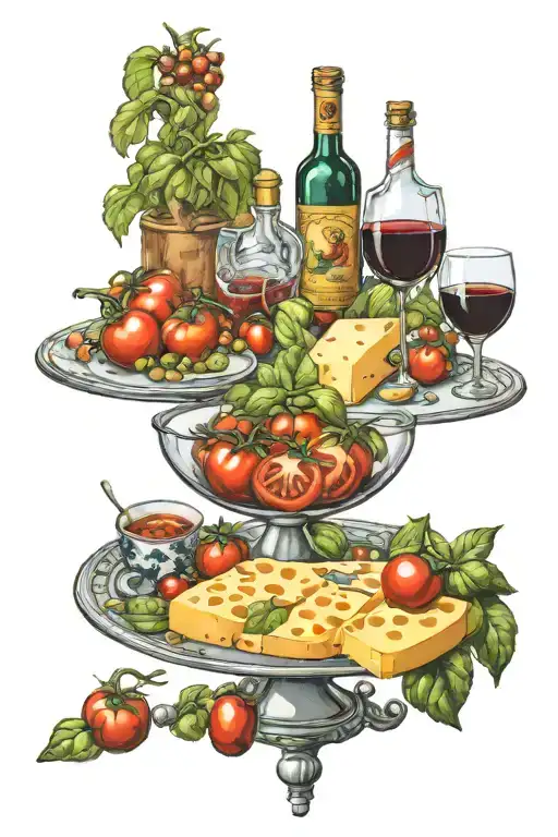 cheese tomato basil dining table tattoo design idea