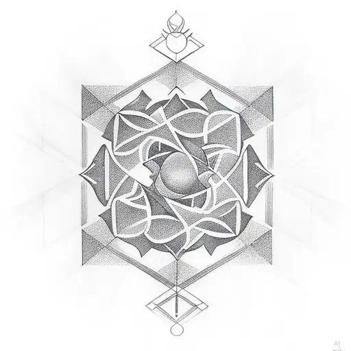 A geometric tattoo design inspired by stoicism philosophy, incorporating symbols and quotes related to the philosophy tattoo design idea