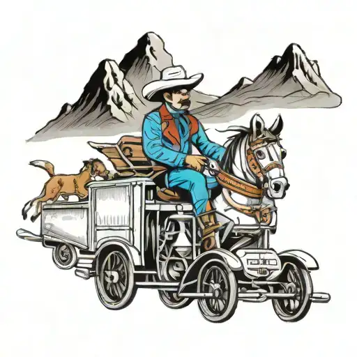 charro driving 18 wheeler driving over mountains tattoo design idea