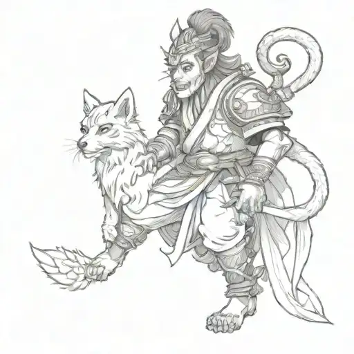 monkey king with geisha holding a fox mask  tattoo design idea