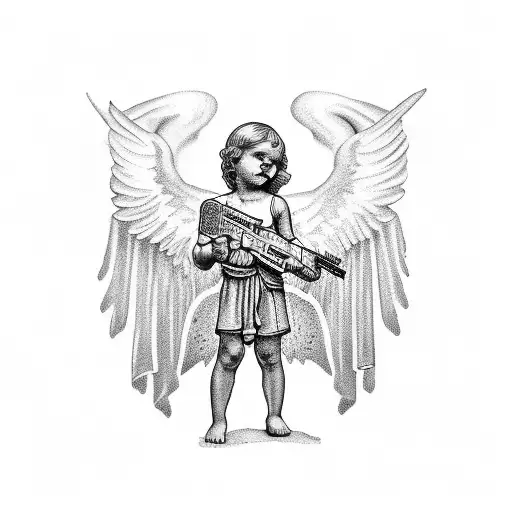 cherub holding cross in one hand and Glock in other hand  tattoo design idea