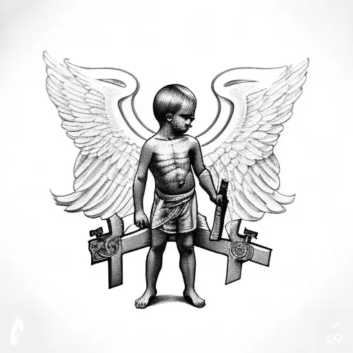 cherub holding cross in one hand and Glock in other hand  tattoo design idea