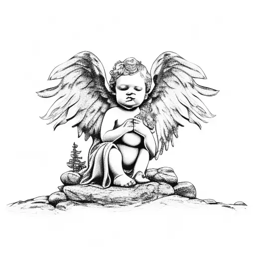 cherub angel sitting on rock in woods forest tattoo design idea