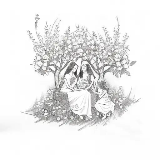 A sketch-style tattoo of a mother and two sisters sitting under a blooming rose tree, symbolizing their nurturing and loving nature tattoo design idea
