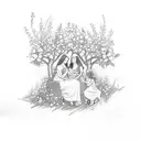 A sketch-style tattoo of a mother and two sisters sitting under a blooming rose tree, symbolizing their nurturing and loving nature tattoo design idea