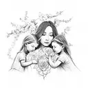 A sketch-style tattoo of a mother and two sisters sitting under a blooming rose tree, symbolizing their nurturing and loving nature tattoo design idea