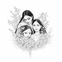 A sketch-style tattoo of a mother and two sisters sitting under a blooming rose tree, symbolizing their nurturing and loving nature tattoo design idea