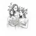 A sketch-style tattoo of a mother and two sisters sitting under a blooming rose tree, symbolizing their nurturing and loving nature tattoo design idea