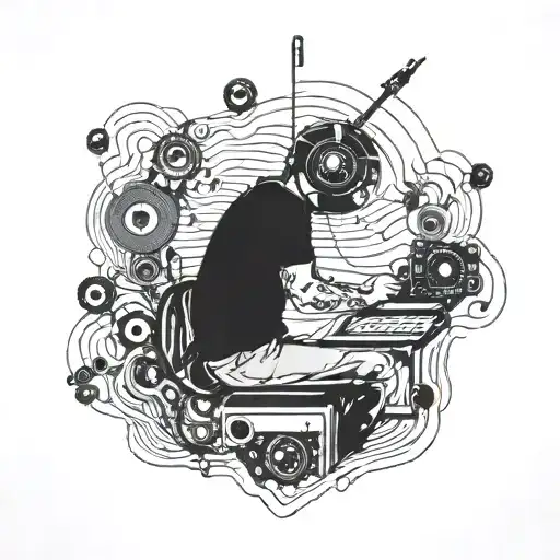 An audio visual engineer manipulating sound waves with psychedelic animal motifs tattoo design idea