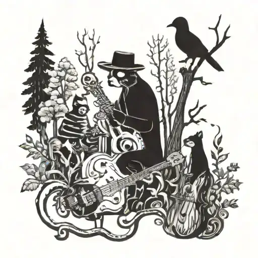 A psychedelic music scene with animals playing instruments in a forest setting tattoo design idea