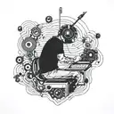 An audio visual engineer manipulating sound waves with psychedelic animal motifs tattoo design idea