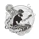 An audio visual engineer manipulating sound waves with psychedelic animal motifs tattoo design idea